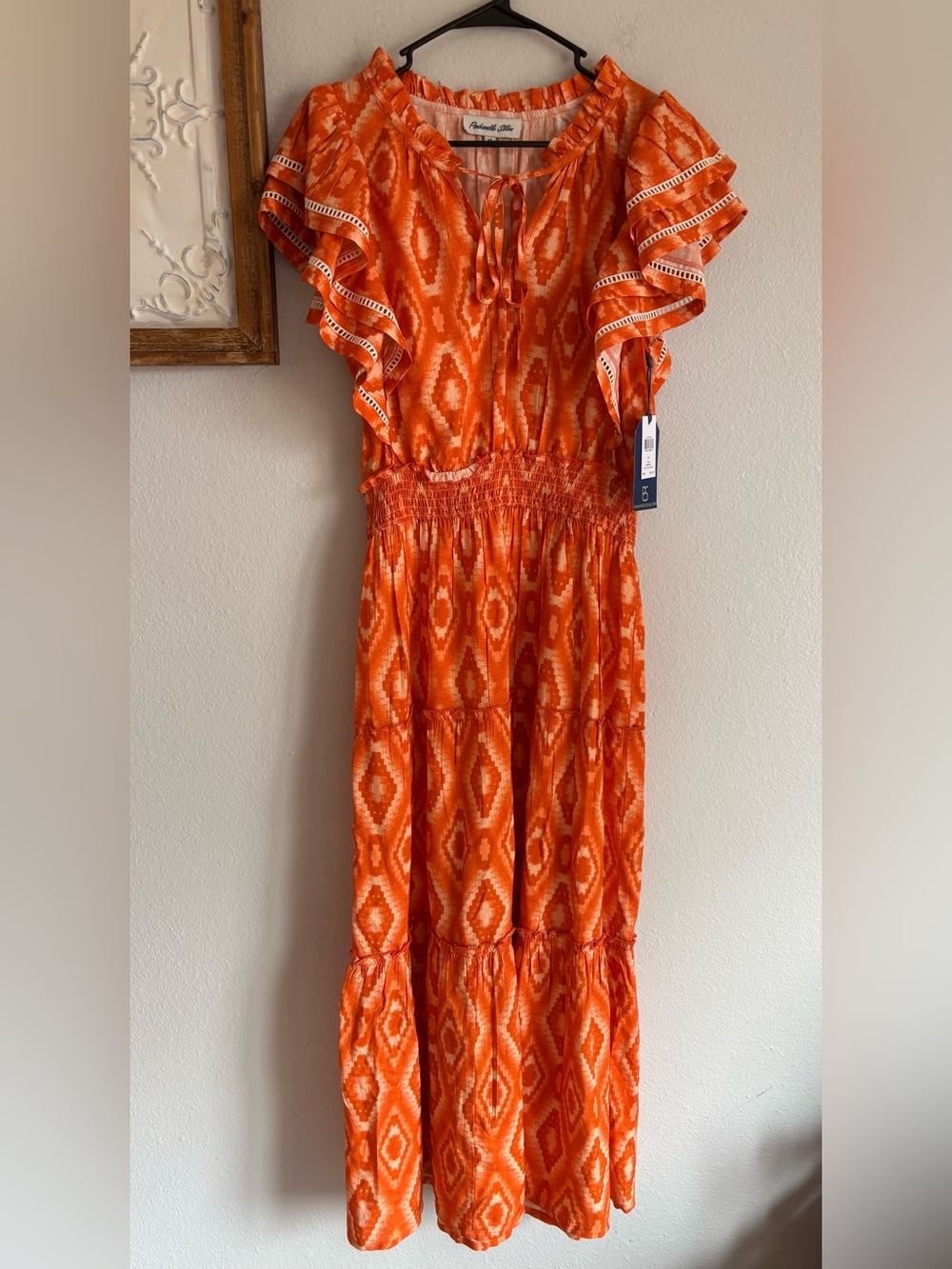 Panhandle Slim Women’s Maxi Dress NWT Sz M Orange Ruffle Printed Flutter Sleeves